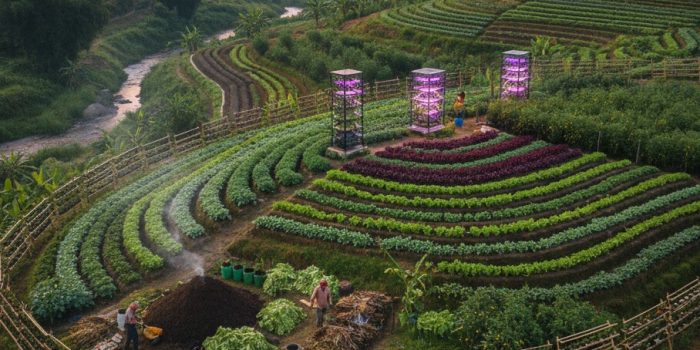 Ilustrasi kebun sayur organik yang subur dengan sistem polybag dan kompos alami.