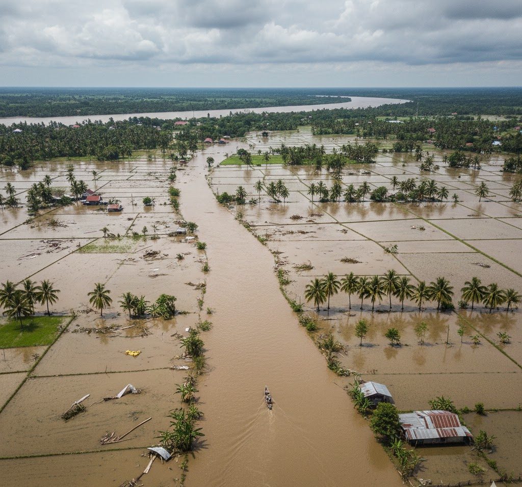 Ilustrasi lahan sawah yang terendam banjir dan rusak, menjadi target program rehabilitasi Kementerian Pertanian tahun 2026.