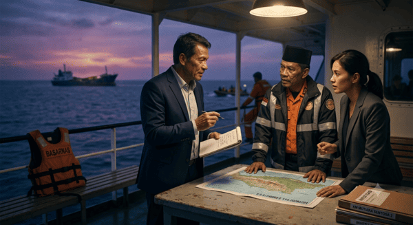 ILUSTRASI KOORDINASI LAPANGAN: Tim penyidik gabungan bersama otoritas keselamatan maritim menelaah peta navigasi dan titik koordinat drift insiden terbakarnya KM Mutiara Sentosa 2 di atas kapal posko perairan utara Sumenep, Minggu (2/8/2026). (Foto: AI Generated / MaduraExpose)